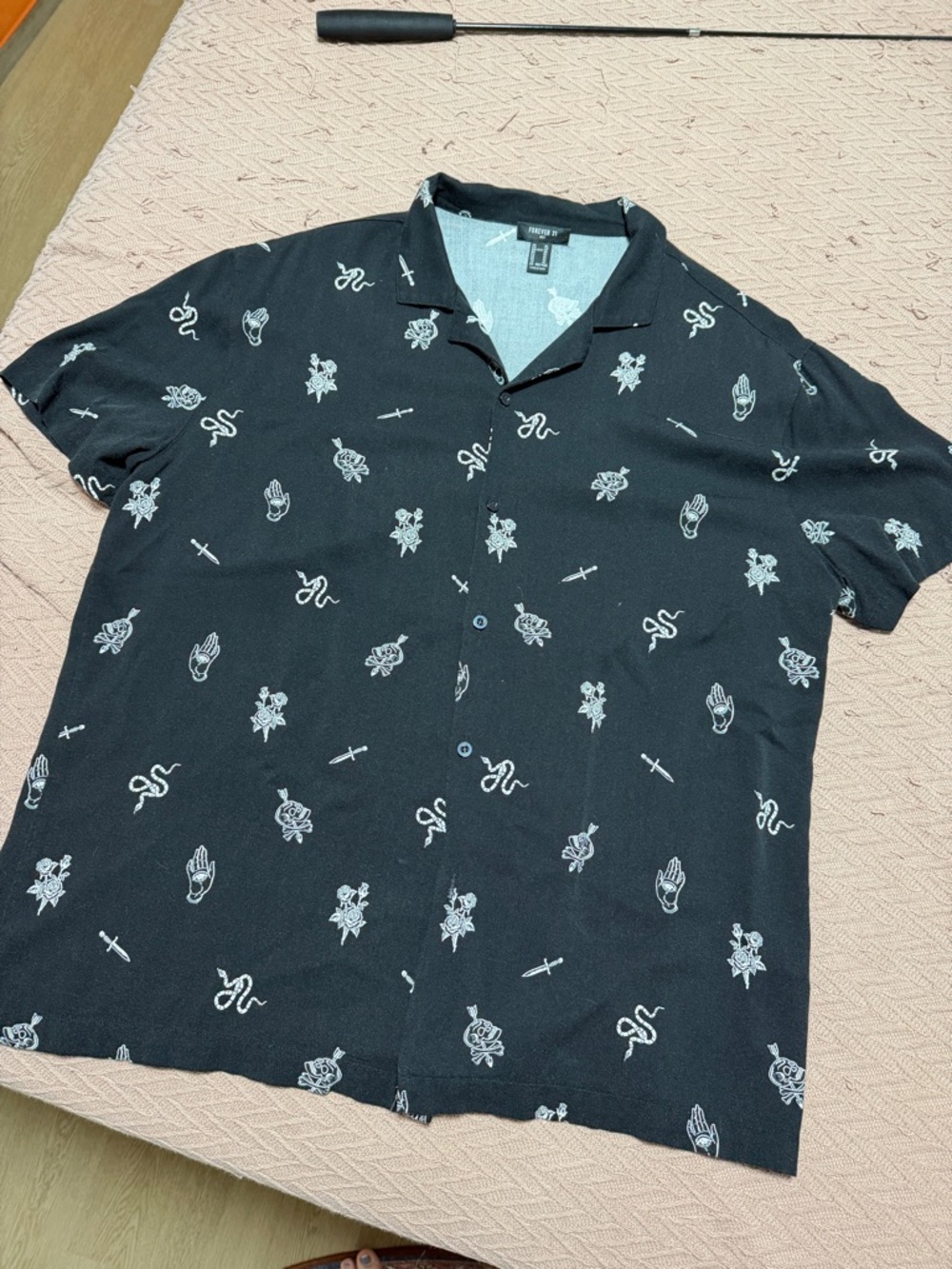 Forever 21 Black Short-Sleeve Button-Down Shirt with White Motif